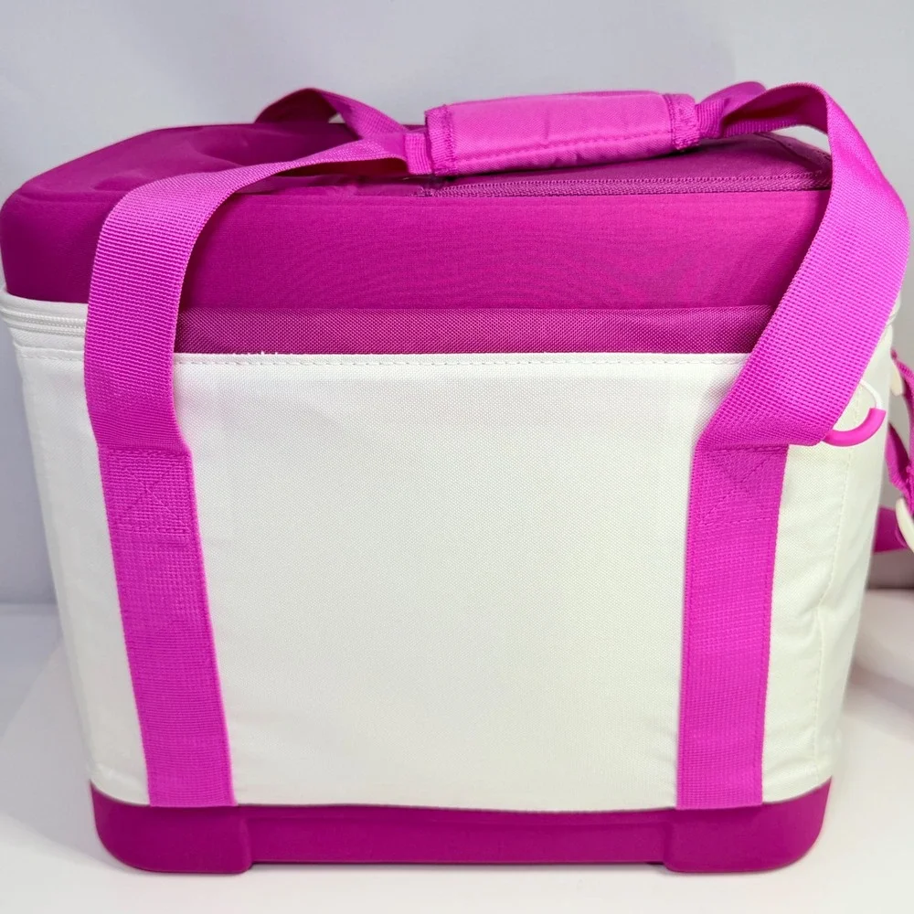 Pink and White Insulated Soft Cooler Bag with Cup Holders and Shoulder Strap